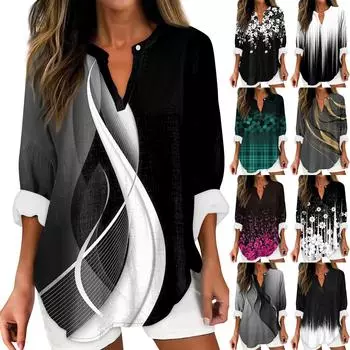 Женский модный повседневный женский топ из конопли с заниженными плечами и длинным рукавом с v-образным вырезом и принтом XXXL зелёный