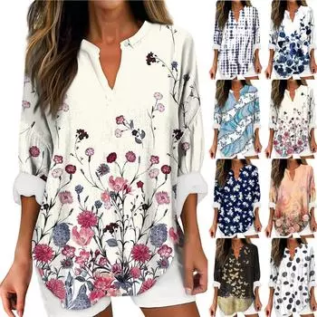 Женский модный повседневный женский топ из конопли с заниженными плечами и длинным рукавом с v-образным вырезом и принтом XXL бежевый