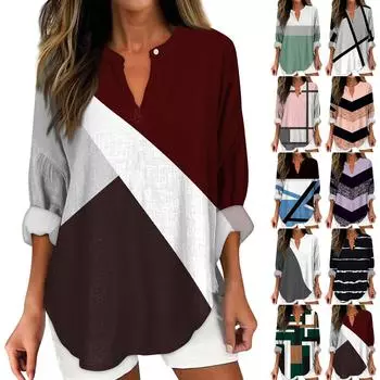 Женский модный повседневный женский топ из конопли с заниженными плечами и длинным рукавом с v-образным вырезом и принтом L чёрный