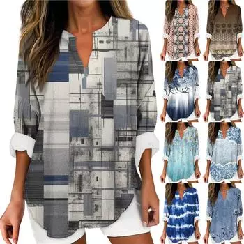 Женский модный повседневный женский топ из конопли с заниженными плечами и длинным рукавом с v-образным вырезом и принтом XXXL синий