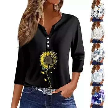 Женский модный повседневный женский топ с v-образным вырезом и рукавами три четверти с принтом и узором L чёрный