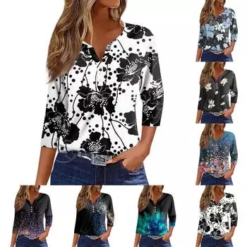 Женский модный повседневный женский топ с v-образным вырезом и рукавами три четверти с принтом и узором L чёрный