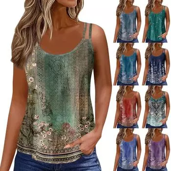 Женский модный повседневный жилет с градиентным цветным принтом и U-образным вырезом без рукавов, топ-бретелька L синий