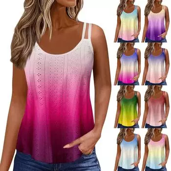 Женский модный повседневный жилет с градиентным цветным принтом и U-образным вырезом без рукавов, топ-бретелька L синий