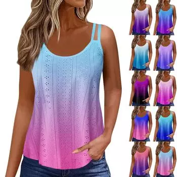 Женский модный повседневный жилет с градиентным цветным принтом и U-образным вырезом без рукавов, топ-бретелька L синий