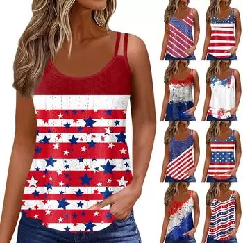 Женский модный повседневный жилет с принтом и U-образным вырезом без рукавов, топ на бретельках L синий