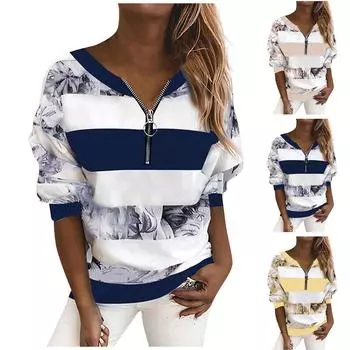 Женский модный принтованный пуловер с V-образным вырезом, свободный крой, длинный рукав L синий