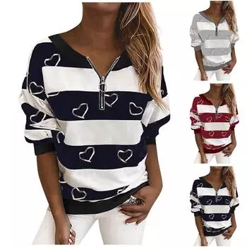 Женский модный принтованный пуловер с V-образным вырезом, свободный крой, длинный рукав L чёрный