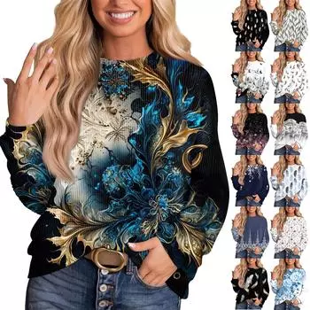 Женский модный принтованный ребристый топ с длинными рукавами и заниженной линией плеча, свободный топ с круглым вырезом L чёрный