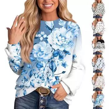 Женский модный принтованный ребристый топ с длинными рукавами и заниженной линией плеча, свободный топ с круглым вырезом L