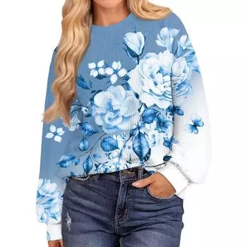 Женский модный принтованный ребристый топ с длинными рукавами и заниженной линией плеча, свободный топ с круглым вырезом XL