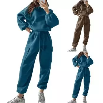 Женский модный пуловер с капюшоном, спортивный повседневный однотонный комплект с длинными рукавами XL синий