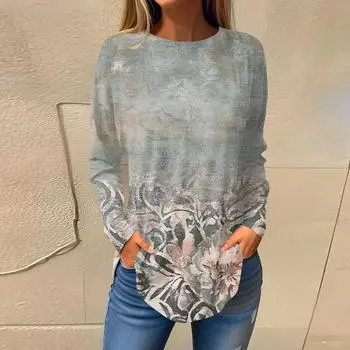 Женский модный пуловер с круглым вырезом и длинными рукавами с принтом L синий