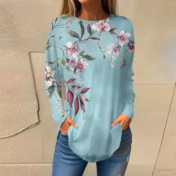 Женский модный пуловер с круглым вырезом и длинными рукавами с принтом L синий