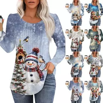 Женский модный пуловер с круглым вырезом и длинными рукавами, рождественский принт «Снеговик» L бежевый