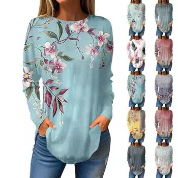 Женский модный пуловер с круглым вырезом и длинными рукавами с принтом L синий