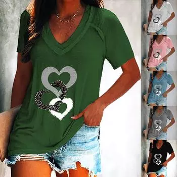 Женский модный пуловер с v-образным вырезом и принтом, повседневная футболка с короткими рукавами L зелёный