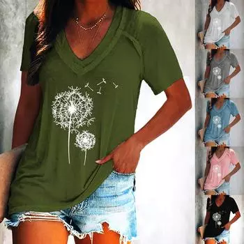 Женский модный пуловер с v-образным вырезом и принтом, повседневная футболка с короткими рукавами L чёрный