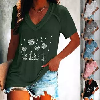 Женский модный пуловер с v-образным вырезом и принтом, повседневная футболка с короткими рукавами M чёрный