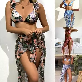 Женский модный раздельный купальник из трех частей с рюшами и принтом листьев M синий