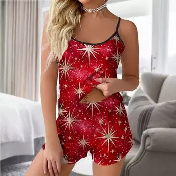 Женский модный рождественский комплект с принтом без рукавов, топ, шорты и пижама XXL винный