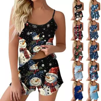 Женский модный рождественский комплект с принтом без рукавов, топ, шорты и пижама L синий