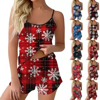 Женский модный рождественский комплект с принтом без рукавов, топ, шорты и пижама XL красный