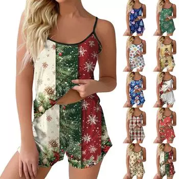 Женский модный рождественский комплект с принтом без рукавов, топ, шорты и пижама S бежевый