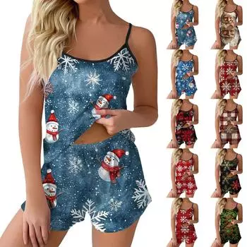 Женский модный рождественский комплект с принтом без рукавов, топ, шорты и пижама M чёрный