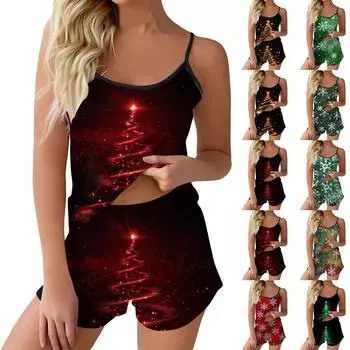Женский модный рождественский комплект с принтом без рукавов, топ, шорты и пижама M