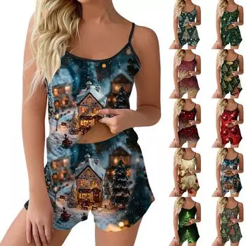Женский модный рождественский комплект с принтом без рукавов, топ, шорты и пижама XL