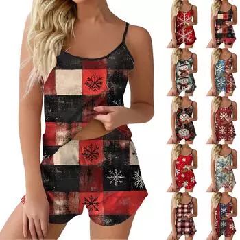Женский модный рождественский комплект с принтом без рукавов, топ, шорты и пижама L