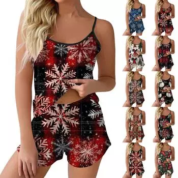 Женский модный рождественский комплект с принтом без рукавов, топ, шорты и пижама S чёрный