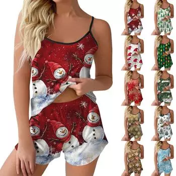 Женский модный рождественский комплект с принтом без рукавов, топ, шорты и пижама M белый
