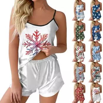 Женский модный рождественский комплект с принтом без рукавов, топ, шорты и пижама S