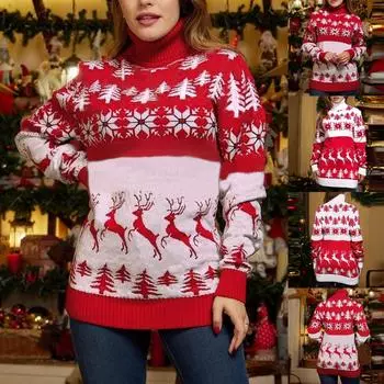 Женский модный рождественский свитер с круглым вырезом и высоким воротом, свитер средней длины с длинными рукавами M красный