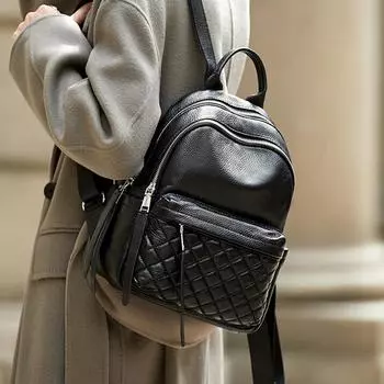 Женский модный рюкзак из натуральной кожи с узором «ромб» большой вместимости для поездок на работу и обратно чёрный