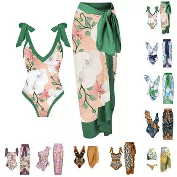 Женский модный сетчатый пляжный купальник с длинной юбкой и принтом (2 комплекта с накладкой на грудь без стального бюстгальтера) M разноцветный