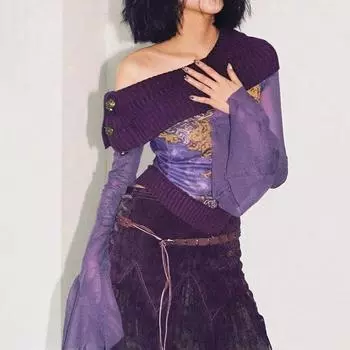 Женский модный сетчатый топ с открытыми плечами в стиле пэчворк L фиолетовый