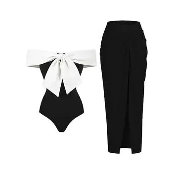 Женский модный сексуальный бюстье, пляжный купальник, длинная юбка, комплект (2 комплекта с накладкой на грудь без стального бюстгальтера) L чёрный