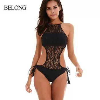 Женский модный сексуальный цельный мягкий ажурный кружевной купальник бикини, однотонный монокини с завязками по бокам, с открытой спиной, горячий весенний купальный костюм, купальный костюм на шнуровке сзади S