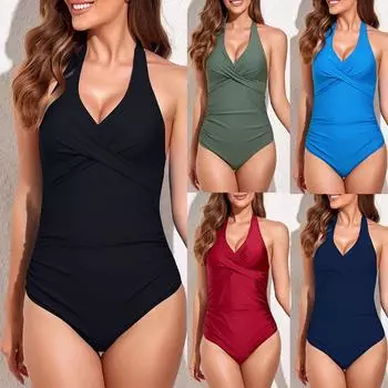 Женский модный сексуальный цельный однотонный комбинезон, пляжная одежда, купальник, бикини с пуш-ап S зелёный