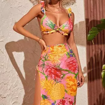 Женский модный сексуальный комплект бикини из 3 предметов, однотонный купальный костюм с рюшами, мягкий топ на шнуровке сзади, трусы с завязками, купальный костюм с принтом S