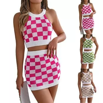 Женский модный сексуальный контрастный клетчатый топ с пупком и юбкой на бедрах, трикотажный костюм S зелёный