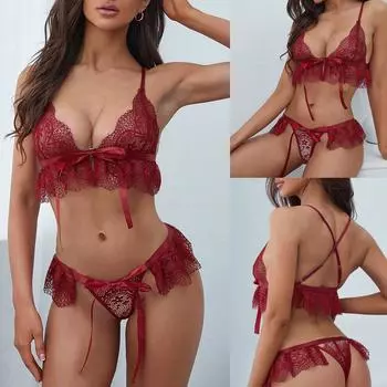 Женский модный сексуальный костюм из двух предметов, однотонный беспроводной бюстгальтер, сексуальное нижнее белье, трусики M винный
