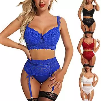 Женский модный сексуальный кружевной комплект из трех предметов, однотонный беспроводной бюстгальтер, сексуальное нижнее белье, трусики XXL белый