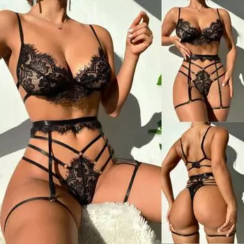 Женский модный сексуальный кружевной комплект из трех предметов, однотонный беспроводной бюстгальтер, сексуальное нижнее белье, трусики L чёрный