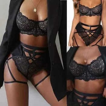 Женский модный сексуальный кружевной костюм из двух предметов, однотонный беспроводной бюстгальтер, сексуальное нижнее белье, трусики One size чёрный