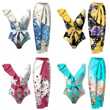 Женский модный сексуальный купальник с рюшами и бантом, комплект бикини с глубоким V-образным вырезом, моникини с принтом, на шнуровке, купальный костюм, комплект из двух предметов, летний пляжный купальный костюм S