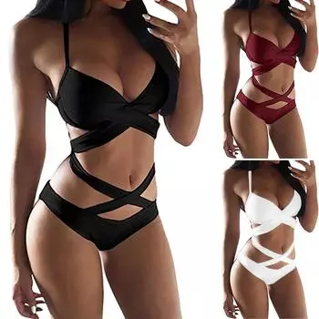 Женский модный сексуальный однотонный пляжный купальник из двух частей с перекрестными бретелями M винный